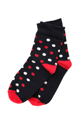 Pair of cute child socks isolated on white background, top view