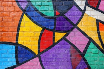Fototapeta premium Colorful geometric shapes decorating a brick wall mural