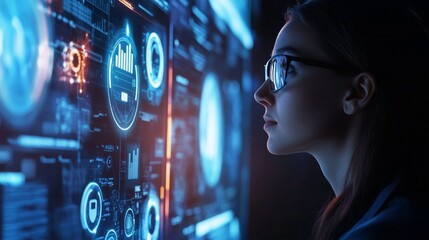 Female professional analyzing futuristic data interface