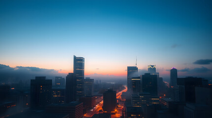 Naklejka premium City skyline at dusk with a serene horizon and illuminated buildings.