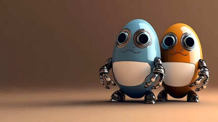 Obraz premium 3D Render Of Scary Egg Shape Robots Characters Against Brown Background And Copy Space