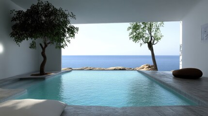 Modern minimalist infinity pool overlooking the sea.  Tranquil coastal retreat with serene ambiance.  Simple design elements highlight the breathtaking view