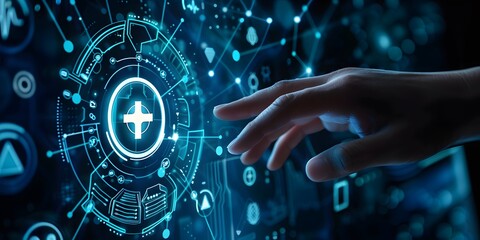 Obraz premium Medical Technology Interface: Doctor Hand Interacting with Digital Healthcare System