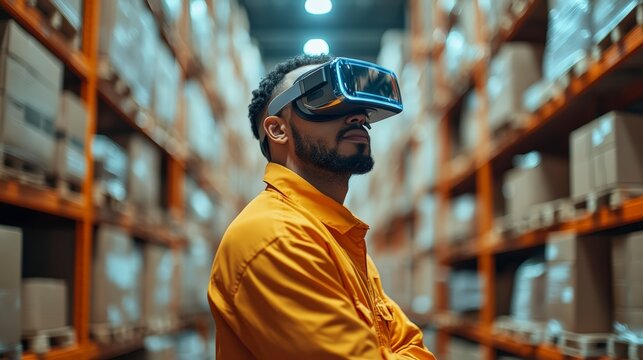 A man using virtual reality glasses in a warehouse setting to enhance productivity and improve operations