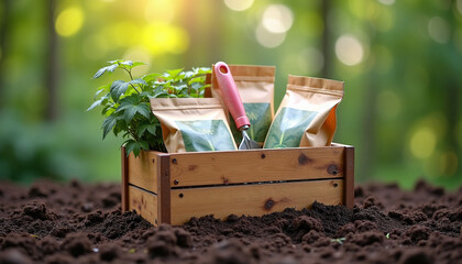 Gardening tools and seeds in a wooden box on fertile soil  