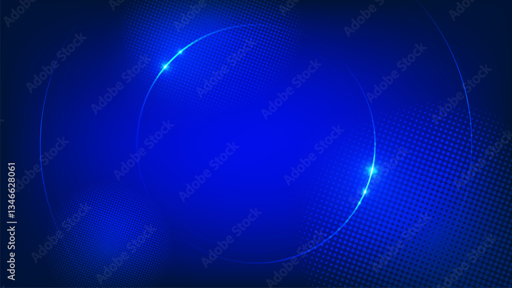 Poster dark blue simple background with circle elements and halftone dots.