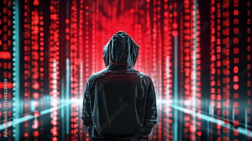 Aufkleber mysterious figure in a dark hoodie navigating through a digital landscape filled with data and secur