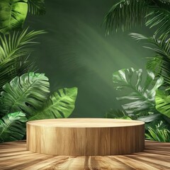 wood podium decorate with leaf rain forest background
