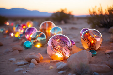 Behold, a spectacle unfolds before thy very eyes, as tranquil splendor of desert unveils itself, while celestial orbs gracefully emerge, casting an ethereal and tranquil glow upon land, evoking a sens - obrazy, fototapety, plakaty
