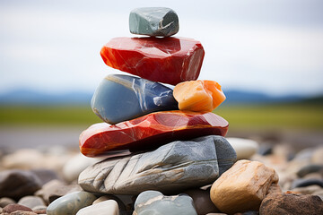 Behold, a wondrous tableau unfolds, as colorful artistry of constructing a rock cairn, imbued with purpose and profound contemplation, manifests in meticulous placement of every stone - obrazy, fototapety, plakaty