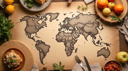 world map illustration on table surrounded by fresh fruits and herbs, creating vibrant and inviting atmosphere