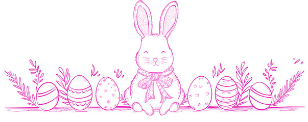 Easter doodle hand drawn coquette poster banner greeting card. Cute bunnies, bows and ribbons, flowers and leaves, basket, eggs. Cottagecore style. Vintage whimsical. Ai generated