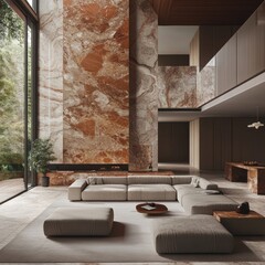 Luxurious modern living room with marble accent wall and minimalist furniture