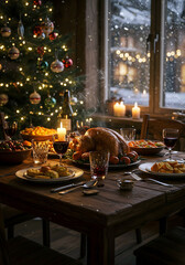 Table de Noël festive avec dinde et décorations lumineuses