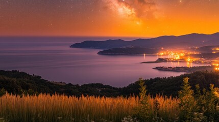 Fototapeta premium Coastal sunset panorama with Milky Way galaxy over tranquil sea and illuminated town.