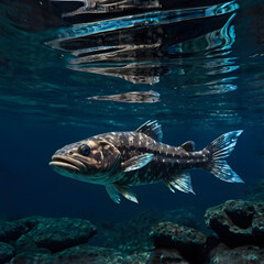 Fototapeta premium Ancient Underwater Sentinel: Capturing a coelacanth, a prehistoric wonder gliding gracefully through the depths of the ocean. This underwater view showcases its distinctive features.