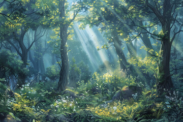 Fototapeta premium A vivid and abundant portrayal of a rainforest, showcasing its multi-layered vegetation, vibrant plant life, and distinct atmosphere of moisture and diverse life forms that characterize exceptio 