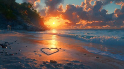 Heart Drawn in Sand at Beach with Golden Ocean Sunset and Reflections