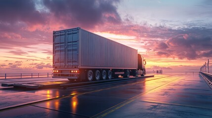 Obraz premium Semi-Truck with Shipping Container at Sunset on Dock