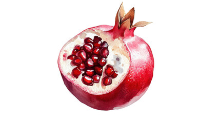 Watercolor painting of ripe pomegranate fruit showing seeds on transparent background