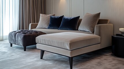 Beige sectional sofa with ottoman and pillows in modern living room.