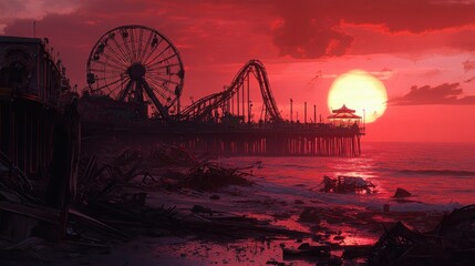 Obraz premium Desolate boardwalk at sunset. A post-apocalyptic, vibrant sunset over a ruined amusement pier