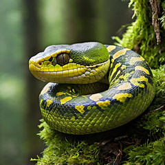 Obraz premium Emerald Tree Boa: A mesmerizing emerald tree boa snake, its vibrant green and yellow scales shimmering amidst a backdrop of lush green moss.