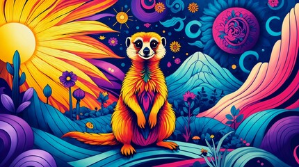 Fototapeta premium A playful meerkat stands in a colorful dreamscape with swirling cosmic energy