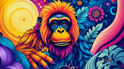 Fototapeta premium A vibrant orangutan sits in a surreal jungle surrounded by swirling patterns and exotic flora