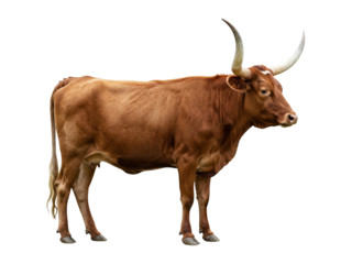A full body side view portrait of a Texas Longhorn cow standing on a white background.