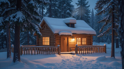 cozy log cabin surrounded by snow covered trees, illuminated warmly at night. serene winter landscape evokes sense of peace and tranquility