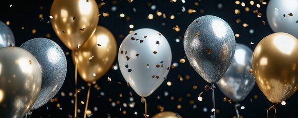 Silver and gold balloons with confetti on a festive black background.