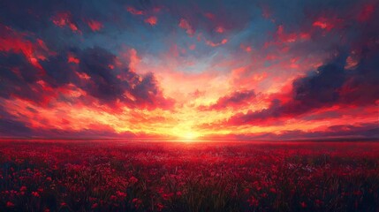 Fototapeta premium Dramatic Red Sunset Over Flower Field Landscape