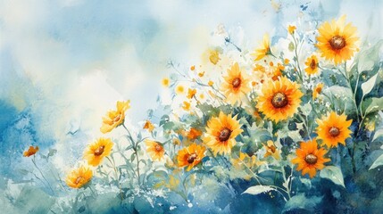Watercolor painting of sunflowers and wildflowers in a summer meadow (1)
