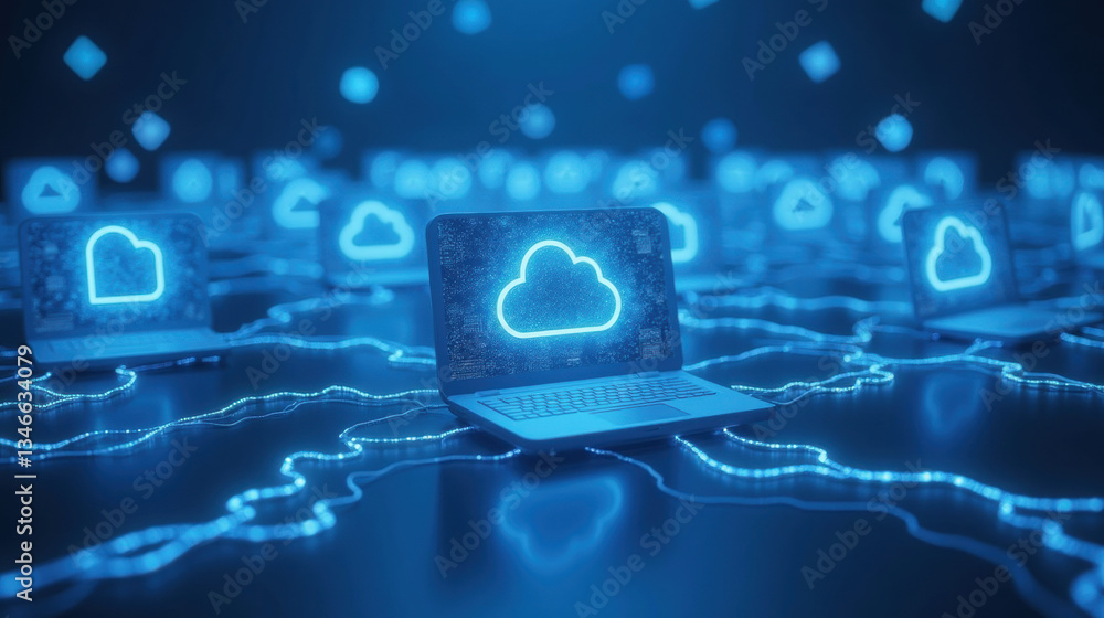 Poster digital cloud computing concept with glowing laptops and network connections