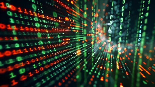 Visual representation of data breach and malware protection with vivid binary code patterns
