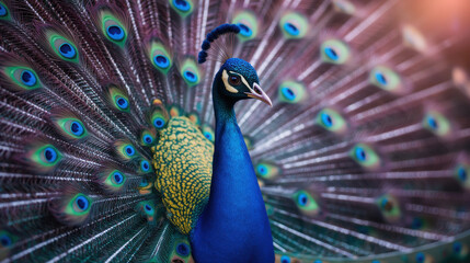Obraz premium vibrant peacock displaying its colorful feathers in stunning pose. intricate patterns and vivid hues create captivating scene