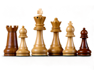 Elegant wooden chess pieces arranged on a chessboard ready for a strategy game