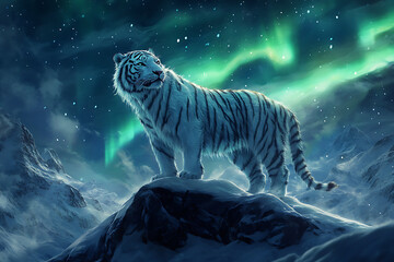 Majestic white tiger standing on a snowy mountain peak under a vibrant aurora borealis sky