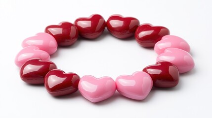 Pink and red hearts arranged in a circle on a white background.