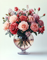 Obraz premium Beautiful bouquet of pink and peach roses in a clear glass vase on a simple background