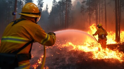Firefighters battling forest blaze at dusk in protective gear