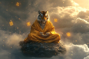 A serene tiger in a monk's robe meditating on a rock amidst ethereal clouds, with mystical symbols floating around