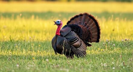 A Magnificent Wild Turkey Stands in the Middle of a Sunlit Meadow, Its Tail Feathers Fully Fanned Out in an Impressive Display