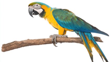 Obraz premium Blue-and-gold macaw perched on a branch against a white background.