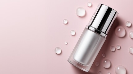 a skincare bottle with glistening water droplets, showcasing beauty and freshness. The bottle is elegant and the droplets create a spa-like vibe