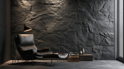 Modern leather lounge chair stone wall decor. AI generated
