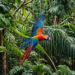 Scarlet Macaw Soaring: A vibrant scarlet macaw takes flight amidst the lush foliage of a tropical forest, its brilliant plumage contrasting against the verdant background. A symbol of freedom.