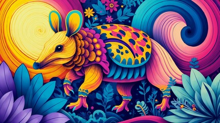 Obraz premium A surreal armadillo with neon armor roams a technicolor wonderland