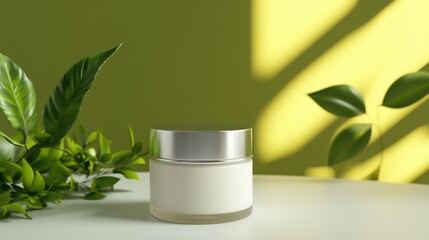 a skincare jar, surrounded by fresh green plants, in a bright studio setting. The jar has a blank label, ready for your product branding.